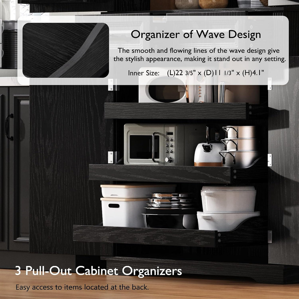 71" Tall Kitchen Pantry Cabinet, Freestanding Storage Cabinet with 3 Pull-Out Cabinet Organizers 6 Door Storage Shelves 2 Drawers, Farmhouse Embossed Texture Cupboard for Kitchen, Black