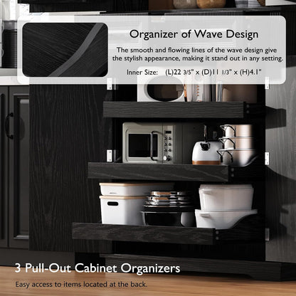 71" Tall Kitchen Pantry Cabinet, Freestanding Storage Cabinet with 3 Pull-Out Cabinet Organizers 6 Door Storage Shelves 2 Drawers, Farmhouse Embossed Texture Cupboard for Kitchen, Black