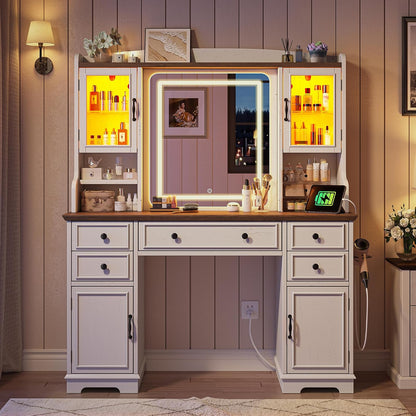 EnHomee Vanity Desk with Mirror and Lights, 43" White Makeup Vanity Desk with 5 Drawers & 2 RGB Glass Cabinets, Adjustable 3 LED Lights for Bedroom, Farmhouse Dressing Table for Women