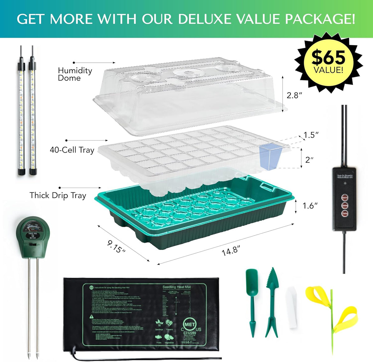 Upgraded Seed Starter Tray with Grow Lights and Heat Mat, 3-in-1 Soil Meter, & Sticky Gnat Traps, 40-Cell Seed Growing Tray, Germination & Plant Propagation Station for Indoor Plants