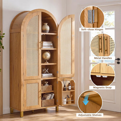 Merax 71'' Tall Farmhouse Rattan Arched Storage Cabinet | Boho Style Pantry Cabinet, Open Countertop, Rattan Doors & Adjustable Shelves, Arched Cabinet for Kitchen Dining Room