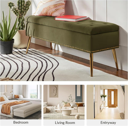 HULALA HOME Modern Velvet Storage Ottoman Bench with Gold Base & Nailhead Trim, Upholstered Bedroom Bench for End of Bed, Button-Tufted Footstool for Entryway Living Room Dining Room, Moss
