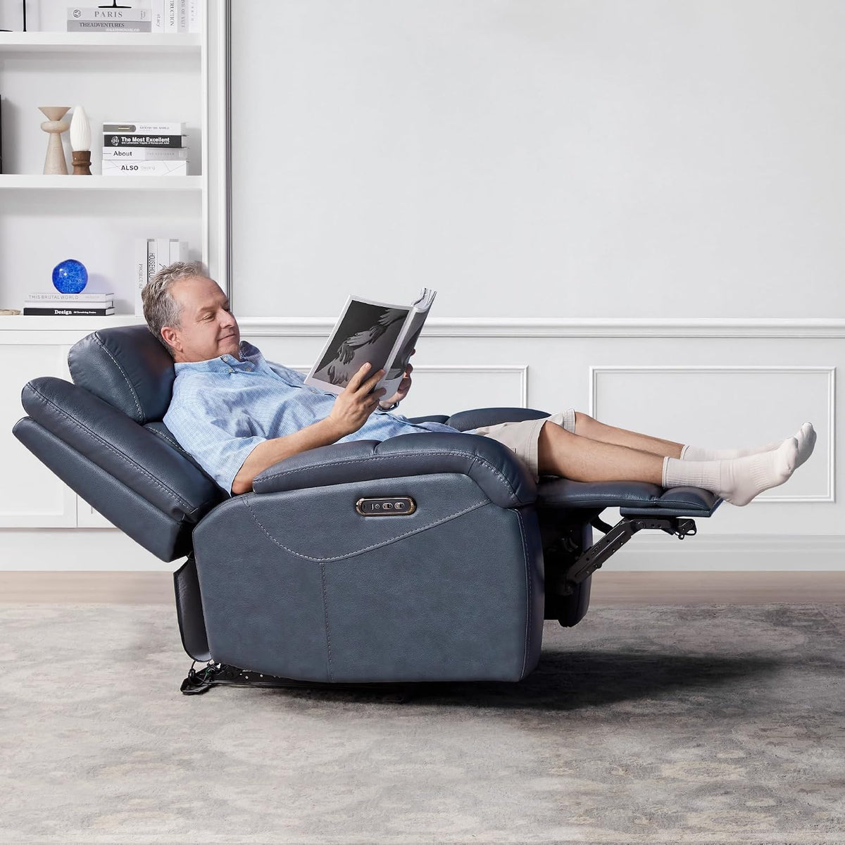 Watson & Whitely Genuine Leather Wall Hugger Power Recliner, Navy Blue