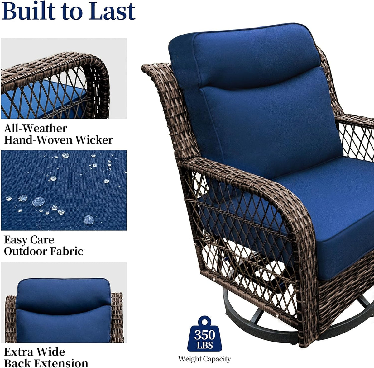 PIZZELLO Outdoor Swivel Rocker Chairs 5 Pieces Wicker Swivel Patio Chair w/Ottomans, Side Table, 5" Extra Thick Cushions and 25" Full Support Back, Patio Furniture Set for Outside Backyard