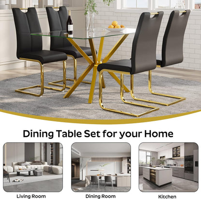 5-Piece 47" Dining Table with 4 PU Leather Chairs, Modern Dining Table Set for 4, Rectangle Kitchen Table with Golden Metal Legs for Dining Room, Kitchen(Black)