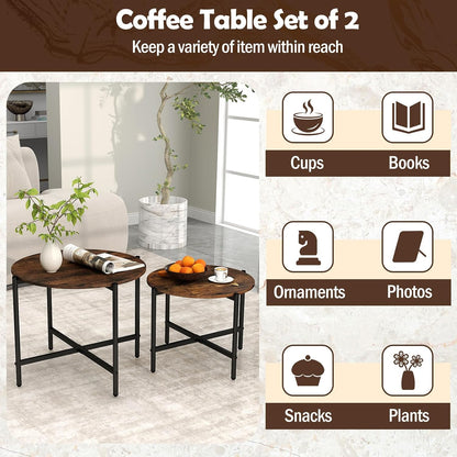GOFLAME Nesting Coffee Table Set of 2, Round Coffee Tables with Wood Tabletop & Heavy-Duty Metal Frame, Modern Circle End Table & Side Tables, Nesting Tables for Living Room, Bedroom (Rustic Brown)