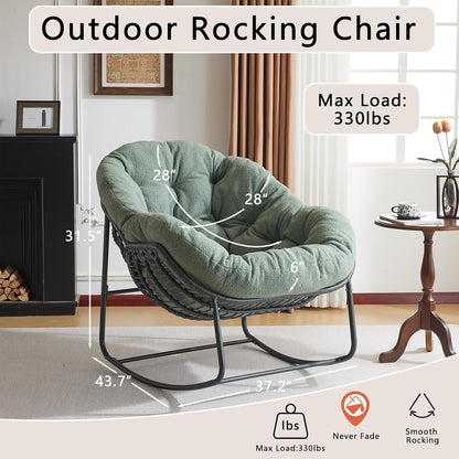 Oversized Outdoor Papasan Rocking Chair with Soft Cushion, Comfy Patio Egg Chair, Wicker Lounge Rocker for Balcony/Porch/Garden, Reinforced All Weather Rattan Frame, 330 lbs Support, Hunter Green