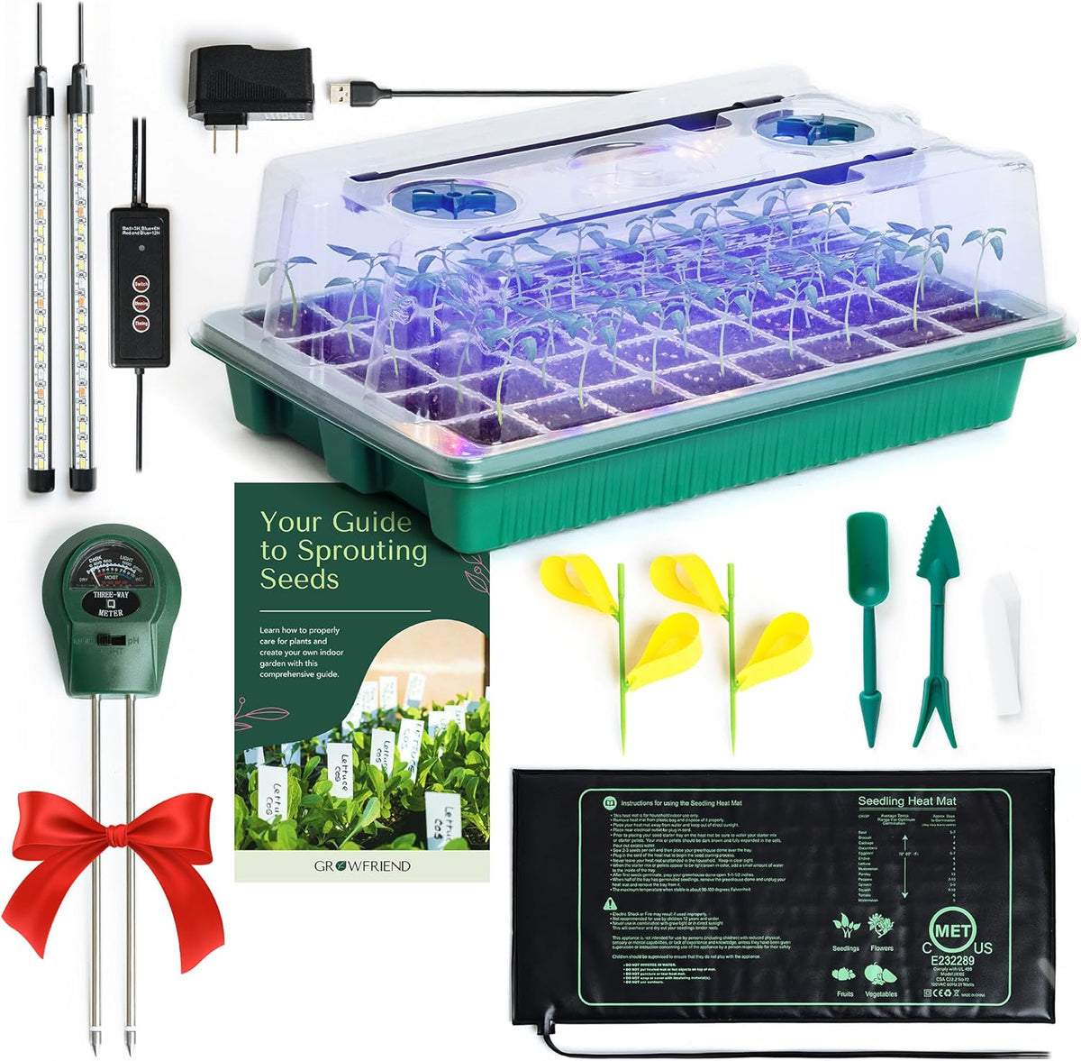 Upgraded Seed Starter Tray with Grow Lights and Heat Mat, 3-in-1 Soil Meter, & Sticky Gnat Traps, 40-Cell Seed Growing Tray, Germination & Plant Propagation Station for Indoor Plants