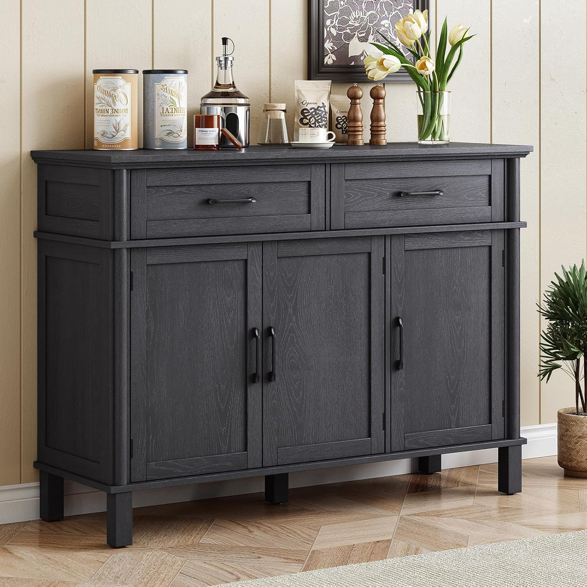 ONBRILL 48 Inches Buffet Cabinet with Storage, Farmhouse Sideboard Buffet w/2 Drawers and 3 Doors, Wood Coffee Bar Cabinet with Adjustable Shelves, Sideboard Storage for Kitchen, Living Room, Black