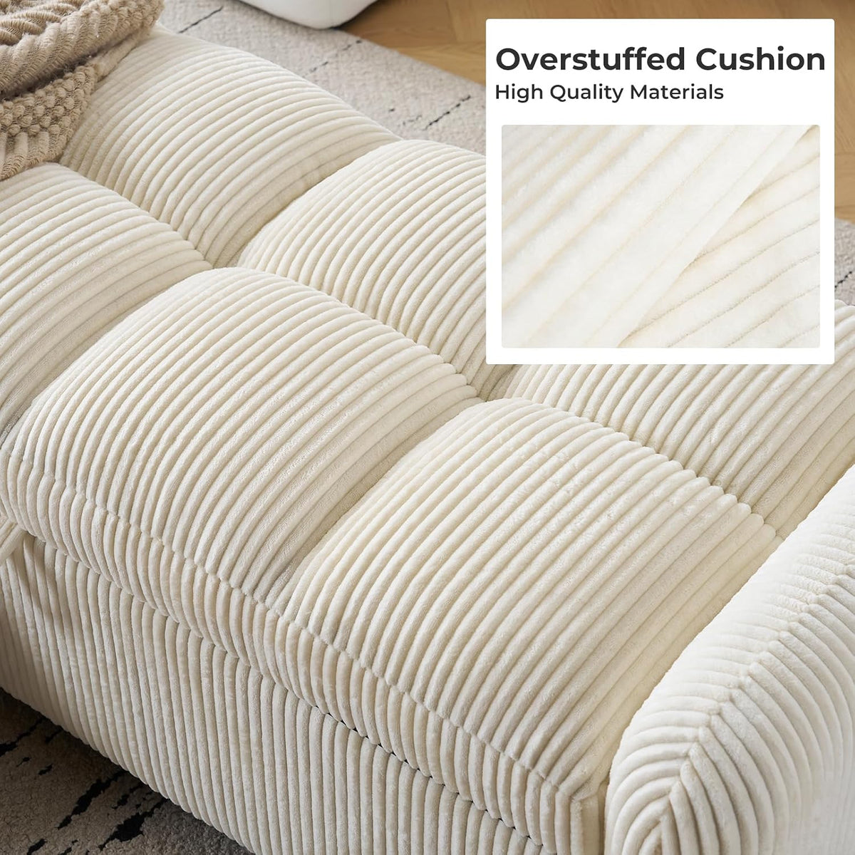 Oversized Corduroy Ottoman Bench with Storage, Upholstered End of Bed Bench for Bedroom, Ottoman Foot Rest for Living Room, Beige