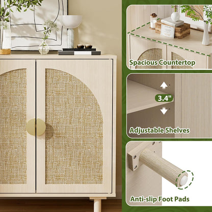 Rattan Sideboard Buffet Cabinet, Wood Storage Credenza Cabinet with Doors and Shelves, Boho Sideboard Cabinet with Curved Door for Living Room, Kitchen, Entryway, Beige