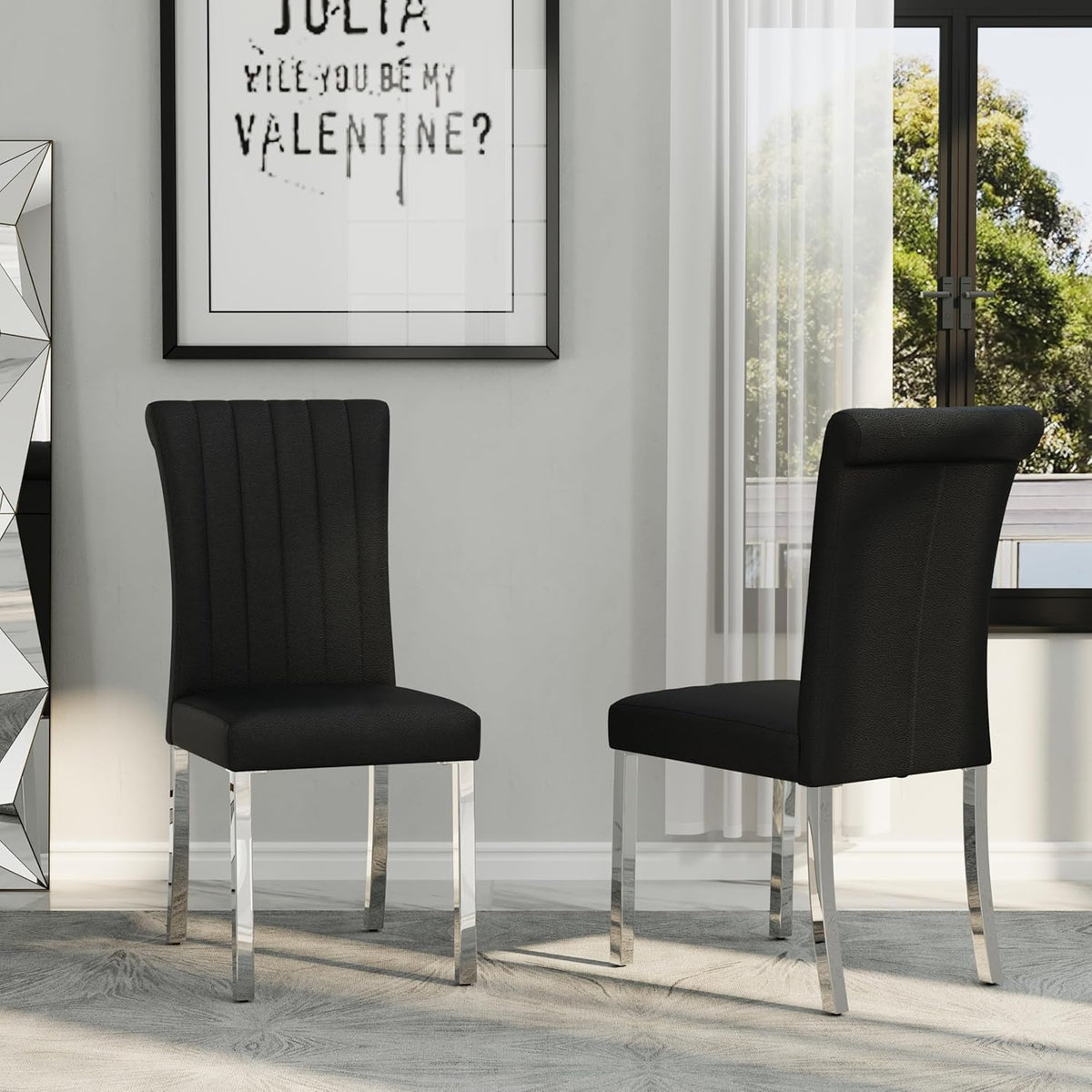Asday Black and Silver Dining Chairs Set of 2, Modern Faux Leather Upholstered Dining Room Chairs with High Back and Metal Chrome Legs for Kitchen, Living Room, Restaurant, Apartment