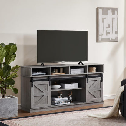 TV Stand Sliding Barn Door Modern&Farmhouse Wood Entertainment Center, Storage Cabinet Table Living Room with Adjustable Shelves for TVs Up to 65" (Gray, Farmhouse with Open Shelf)