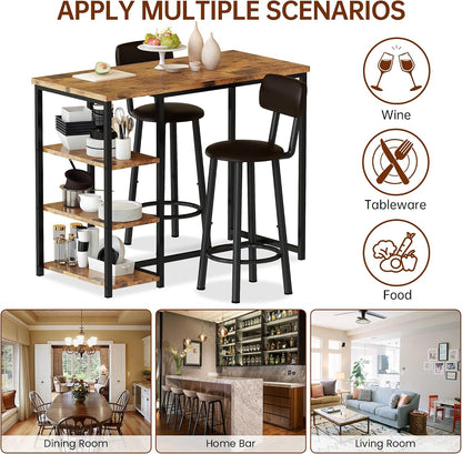 Recaceik Pub Dining Table Set for 2, Table and Bar Stools with 3 Storage Shelves, MDF Board & PU Leather Backrest Chairs, 3 Piece Dining Set for Small Space, Apartment, Kitchen Island, Brown