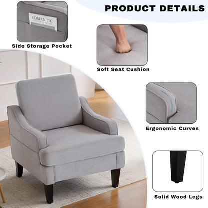 Mid-Century Accent Chair, Comfy Arm Chair Upholstered Living Room Chair for Bedroom, Fabric Reading Chair with Wood Legs for Apartment, Waiting Room, Vanity Room (Gray)