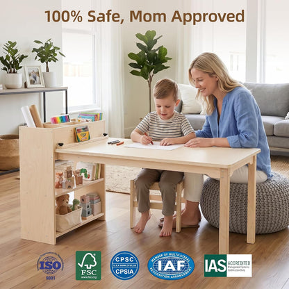 Kids Table and Chair Set, Wooden Toddler Activity Table with Storage Cabinet, Birch Art Desk for Drawing, Crafts, Reading and Games, 1 Chair Included