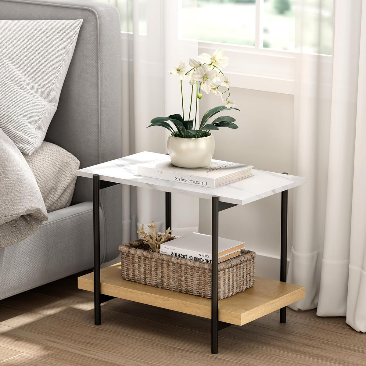 End Table with 2 Tier Wood Open Shelf, Rectangular Sofa Side Table with Metal Frame and Faux Marble, Bedside Nightstand for Bedroom Living Room Small Space, Natural Oak