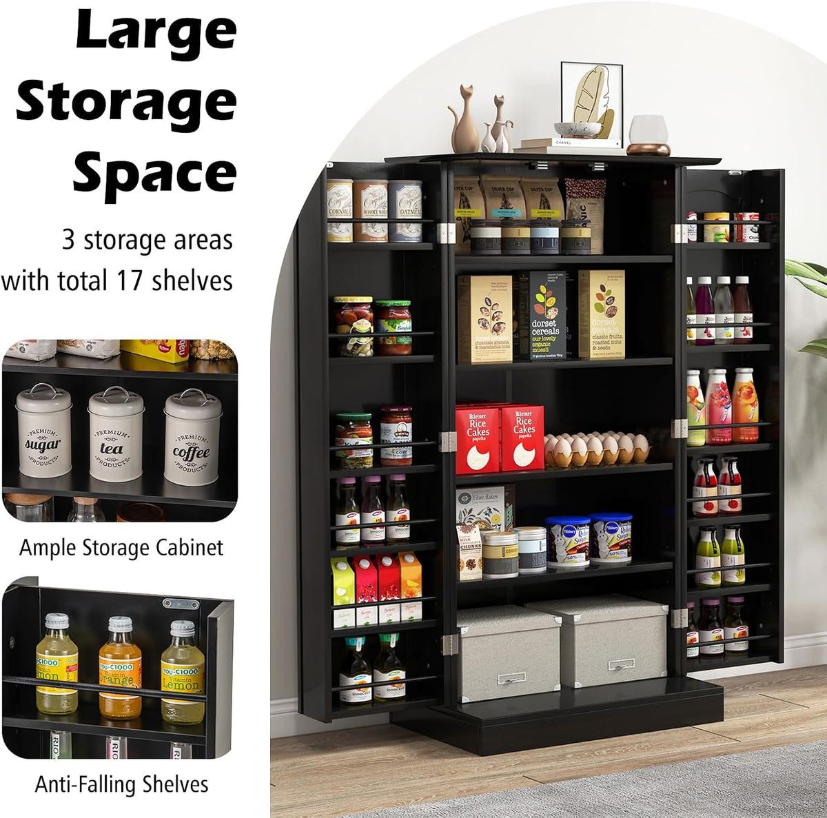 GiantexUK Kitchen Cupboard, Wooden Buffet Pantry Cabinet with 17 Shelves and 2 Doors, Multifunctional Storage Organizer for Living Room Dinning Room (Black, 60 x 40 x 120cm)