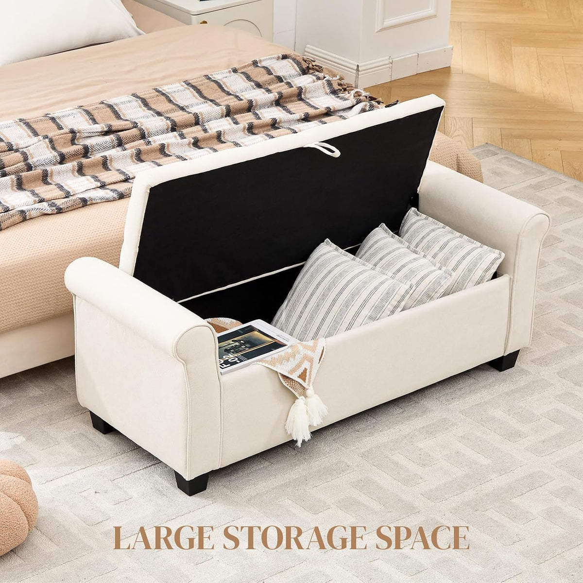 49" End of Bed Storage Bench for Bedroom, Upholstered Storage Ottoman | Easy Assembly with Instructions, Pet Friendly, Polyester Fabric Ottoman Bench for Bedroom, Living Room, Window, Entryway
