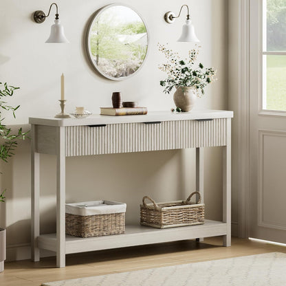 Lulive Fluted Console Table, 51 Inch Entryway Table with 3 Drawers | Scandi farmhouse look with quiet full-extension slides, open lower shelf, profile for hallway, entry, foyer or behind sofa.