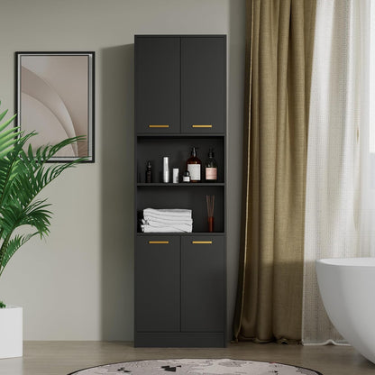 Cozy Castle Kitchen Pantry Cabinet, 75" Tall Wood Storage Cabinet with Doors and Shelves, 4 Doors Open Countertop Utility Hutch Cupboard for Dining Room Living Room Bathroom Furniture, Black