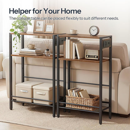 HOOBRO 15.7" Narrow Console Table with Charging Station, 3 Tier Entryway Table for Small Space, Behind Couch Table, Sofa Table, for Entryway, Hallway, Living Room, Rustic Brown and Black BF42UXG01