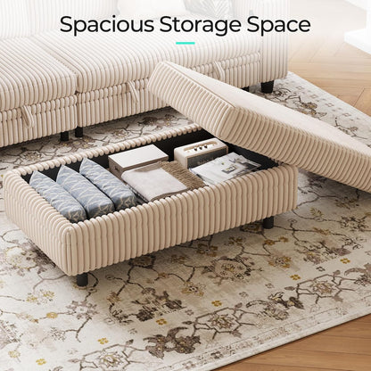 LINSY HOME Storage Ottoman Bench, 40" Convertible Coffee Table Plush Corduroy Foot Rest Ottoman for Living Room, Bedroom, Guest Room, Entryway, Beige