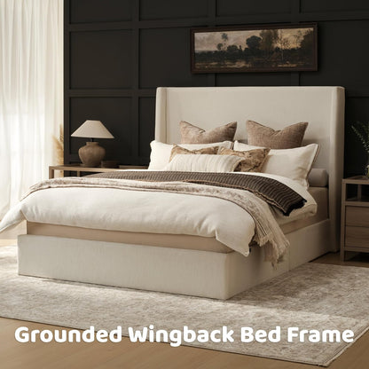RECCI King Size Upholstered Platform Bed Frame with Tall Wingback Headboard