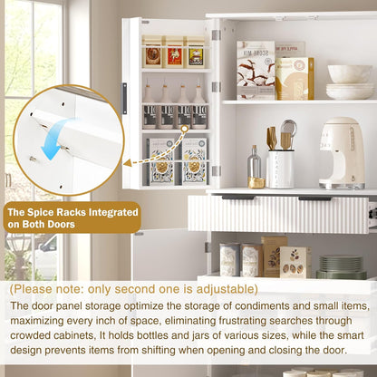 Modern Kitchen Pantry Cabinet, 71" Height Tall Freestanding Cupboard with a Drawer,3 Sliding Rack,6 Hanging Shelves,Fluted Kitchen Organizer Storage Cabinet for Dining Room Living Room (White-1)