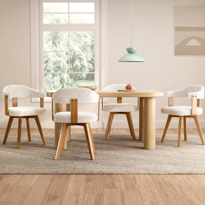 EYYTHUNG Swivel Dining Chairs Set of 2, Mid Century Modern Boucle Dining Chairs with Arms and Wood Legs,Upholstered Kitchen Chairs for Kitchen, Dining Room, Living Room, White and Dark Oak