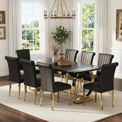 Asday 77" Wooden Dining Table for 6-8, Modern Rectangular Large Kitchen Table with Gold Polished Stainless Steel U-Shaped Base for DiningRoom Kitchen Dinner Home