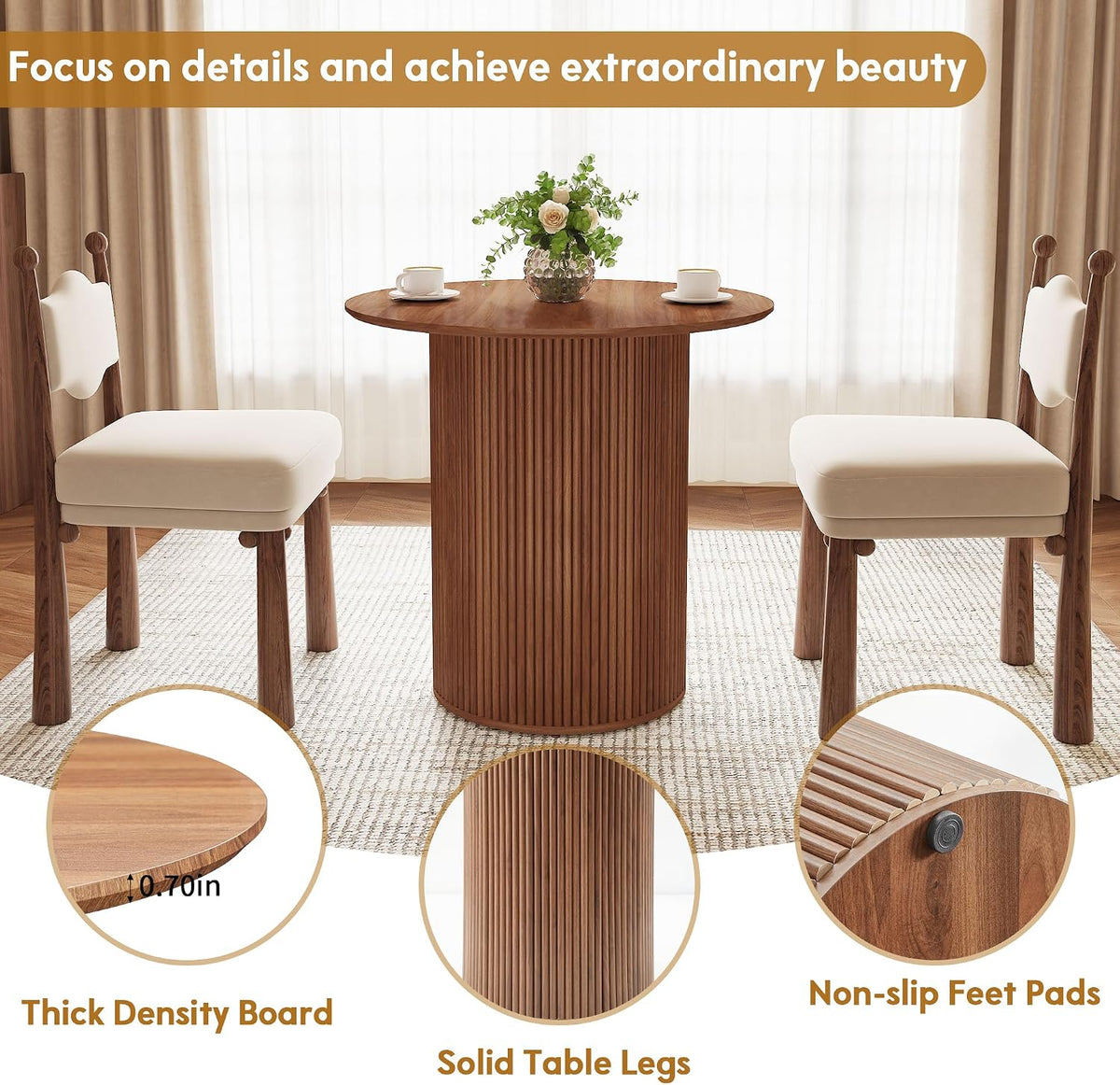 AVZEAR 31.5" Round Dining Table for 2 People, Small Kitchen Dinner Table with Fluted Wood Base, Farmhouse Circle Dining Tables for Home, Kitchen, Dining Room, Living Room (Walnut)