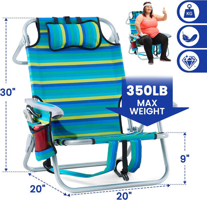 Portable Recliners Chair for Adults, Outdoor Camping Chair Lay Flat Folding Backpack Reclining Chair with 5 Positions, Headrest, Zipper Pouch, Cup Holder, NEW Srtiped