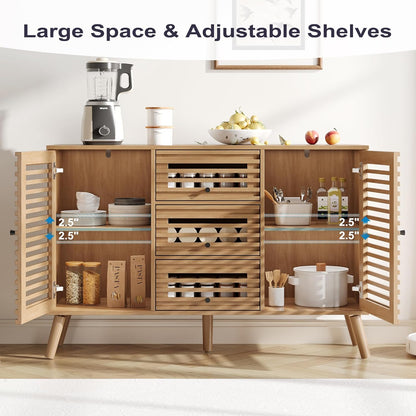 Furnify Buffet Cabinet with Slatted Doors, 47" W Sideboard Buffet with Drawers, Modern Mid Century Accent Storage Cabinet for Living Room, Entryway, Kitchen, Oak