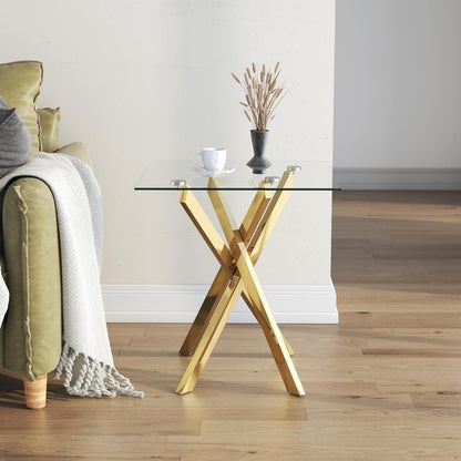 Small Side Table with Chromed Legs, Tempered Glass Square Modern End Table Sofa Table for Living Room Home Office (1, Gold, 20"×20"×22")