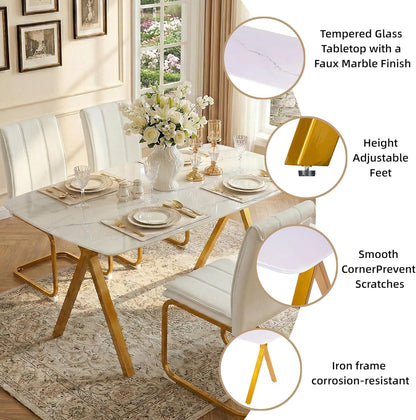 51.2 Inch Faux Marble Dining Table,Rectangular Glass Dining Table for 4-6,White Dining Room Table with Tempered Glass Tabletop and Golden Metal Legs,Luxury Dinner Table for Kitchen Apartment