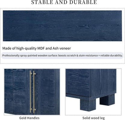 Modern Sideboard Cabinet 60-Inch Wood Console Storage Cabinet Credenza Dining Buffet Table with 4 Doors and Adjustable Shelves for Living Room Entryway, Navy Blue