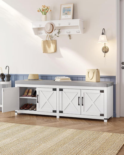 Hzuaneri 59" Shoe Storage Bench, with Soft Padded Seat Cushion & Doors | 2 Tier Entryway Storage Bench with Adjustable Shelf, Farmhouse Shoe Cabinet for Living room, Bedroom, White SB31503GY