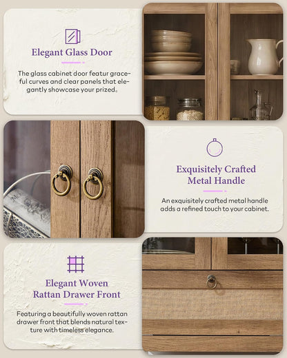 TYBOATLE 71'' Arched Pantry Cabinet with Glass Door for Kitchen Dining Room | Arch Storage Cabinet, Versatile Cupboard with Innovative Drawer and Anti-Tip Device, Kitchen Dining, Natural