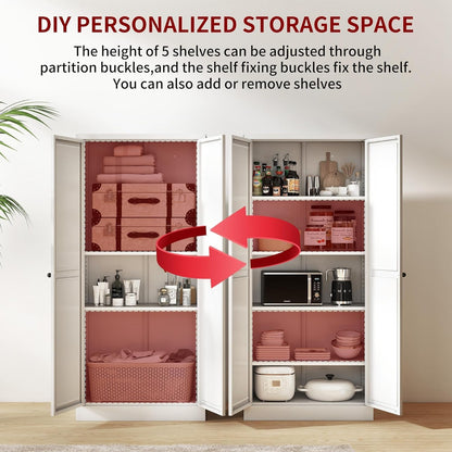 AQY Kitchen Pantry Cabinet,61" White Pantry Storage Cabinet with 4 Tier Adjustable Shelves and 2 Doors,Freestanding Cupboard,Metal Pantry Cabinets with Handle for Living Room Kitchen Assembly Required