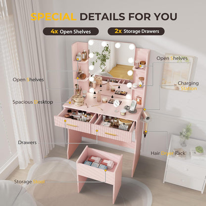 Otterease 31" Makeup Vanity Desk with LED Mirror and Storage Stool, Pink | Charging Station, 3‑Color Light, 2 Drawers and 4 Open Shelves Provide Organized Storage for Cosmetics and Beauty Essentials
