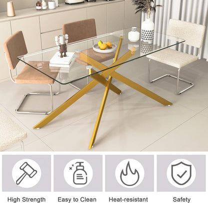61" Glass Dining Table for 6, Modern Kitchen Dining Room Table with Rectangular Tempered Glass Top and X Metal Legs, Large Gold Glass Dinner Table for Kitchen