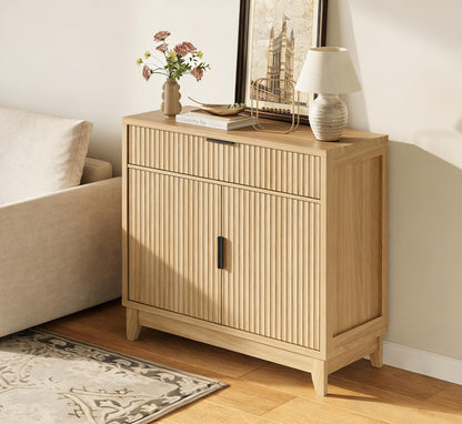Vabches Fluted Sideboard Buffet Cabinet with Storage, 32" Coffee Bar Console Table with Drawer, Fluted Doors & Adjustable Shelf, Wood Small Buffet Cabinet for Living Room, Kitchen Dining Room, Oak