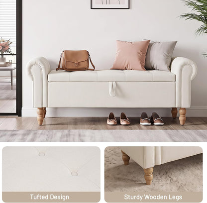 Furniliving 55” End of Bed Bench, Bedroom Bench with Button-Tufted, Large Upholstered Storage Ottoman Entryway Bench with Storage Shoe Cabinet Bench, for Bedroom, Linen, Beige