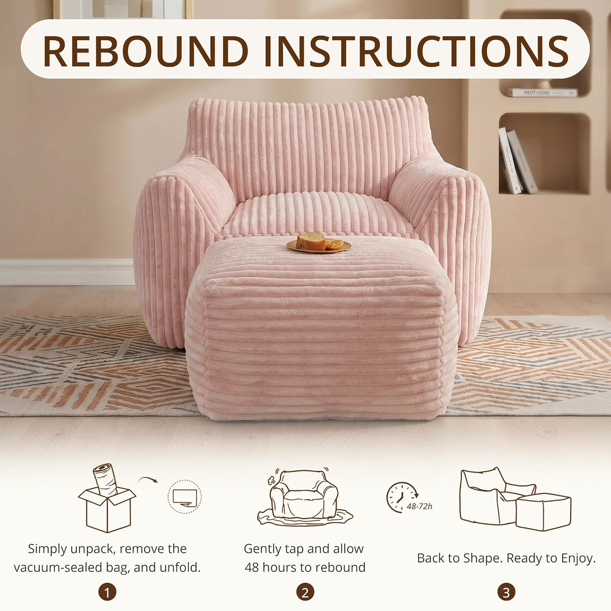 Giant Bean Bag Chair for Adults, Large Bean Bag with Ottoman | Cloud Comfy Bean Bag with Backrest & Armrests, Stuffed Beanbag Chair for Reading, Gaming, Napping, Pink
