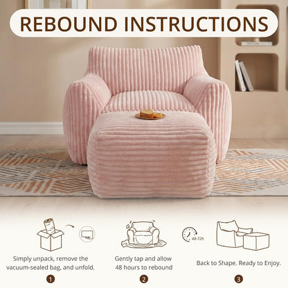 Giant Bean Bag Chair for Adults, Large Bean Bag with Ottoman | Cloud Comfy Bean Bag with Backrest & Armrests, Stuffed Beanbag Chair for Reading, Gaming, Napping, Pink