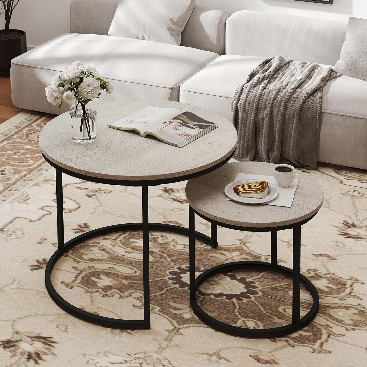 Otterease Nesting Tables Set of 2, Small Round Coffee Table for Living Room | Nesting Coffee Table with Adjustable Non-Slip Feet, Wood Grain Top Nesting Table for Living Room, Bedroom (Wood Grain Grey)