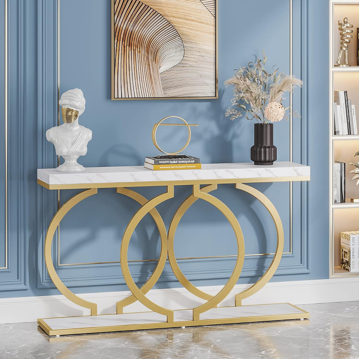 Tribesigns Gold Console Table, 55 inch Modern Entryway Table with Geometric Metal Frame, Faux Marble Narrow Long Sofa Table for Living Room, Entrance, Hallway, White and Gold