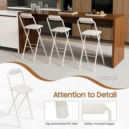 DYRABREST Folding Chair with Backrest, Tall Collapsible Stool, Steel Folding Bar Stool, Counter Height Seat with Leather Padded for Kitchen Island Shop Cafe Dining Room (1, White, 29.5 Inch)