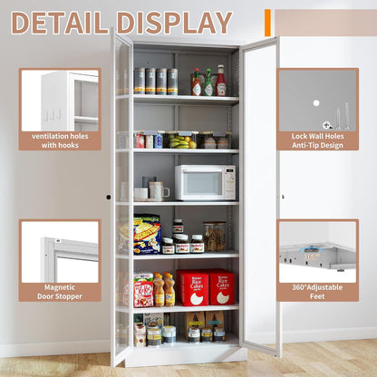 Metal Kitchen Pantry Cabinet, 72" Tall Storage with 5 Adjustable Shelves, White Freestanding Cabinet for Kitchen Pantry Bathroom, 14" Narrow Cabinet with Glass Door